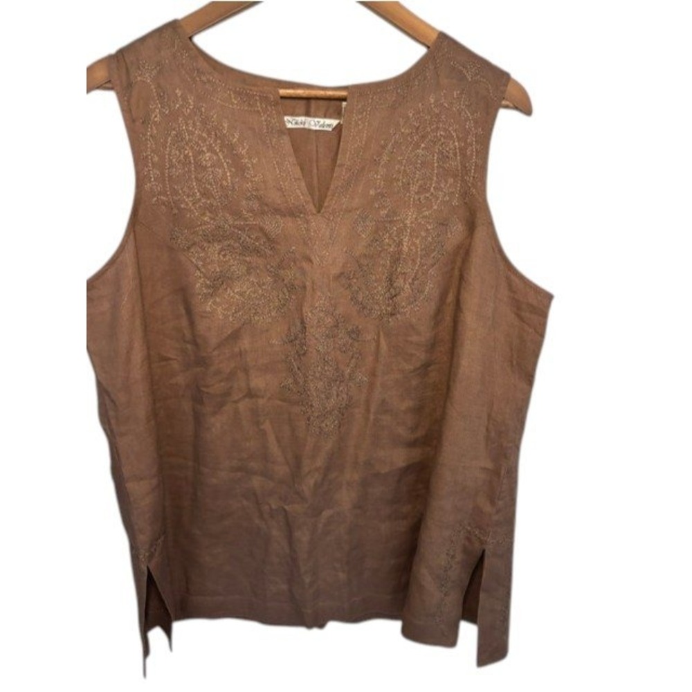 Nikki Valenti Womens 100% Irish Linen 2 Piece Pant Set Brown Embroidered Size 16 - Picture 6 of 13